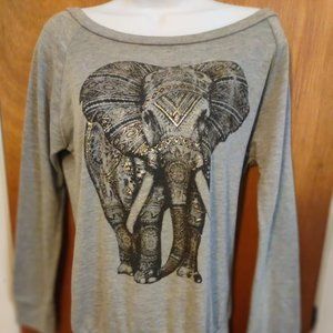 Charlotte Russe, Long Sleeve T-Shirt Type, Grey w/Black & Gold Elephant, M